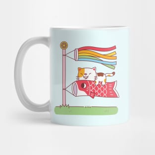 Cute Hungry Cat Hugging Koinobori Carp Funny Mug